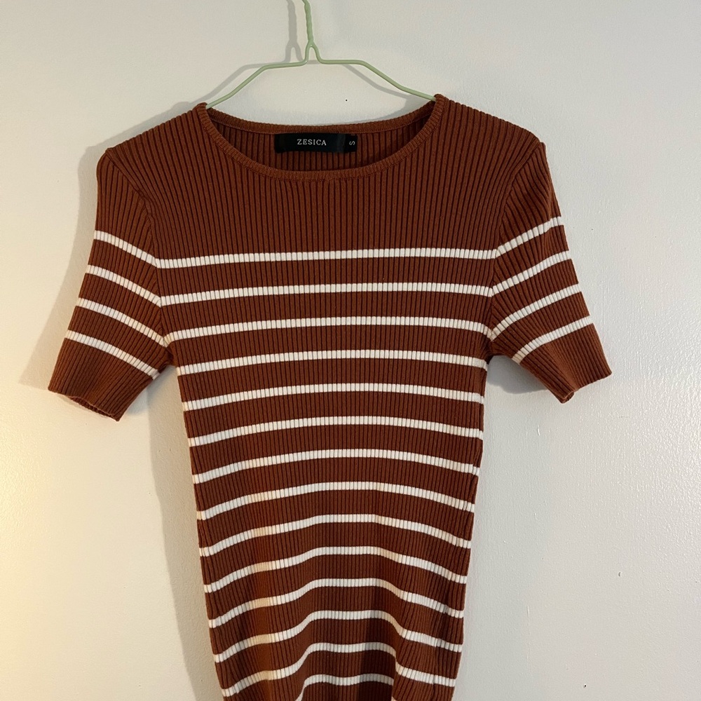 Zesica Brown and White Striped Short Sleeve Top